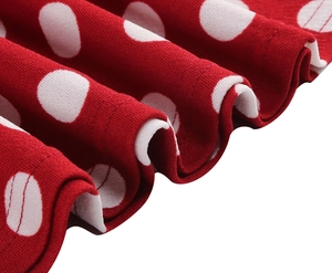 Macro shot of red polka dot dress fabric showing high-quality stitching and cotton texture