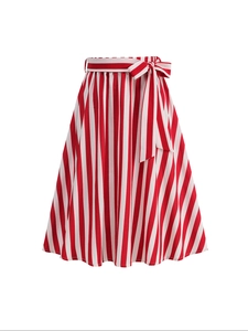 Women's Striped A-Line Midi Skirt High Waist Bow Tie Belt Vertical Stripes Casual Vintage Summer Flare Swing Skirt Gift