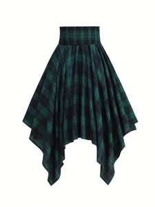 Detail of smocked elastic high waist and green-black tartan fabric on irregular hem skirt