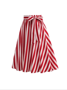 Vertical red and white striped A-line midi skirt with high waist and bow tie detail