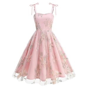 Vintage Floral Embroidery Mesh Midi Dress For Women Retro Hepburn Style A-Line Party Gown With Bow Tie Shoulder Straps