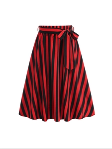 High-waist A-line midi skirt with red and black vertical stripes and a bow waist tie