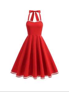 Robe Midi Rouge Vintage Pour Femmes Avec Licou Nœud Dos Smoké Et Bordure En Dentelle Blanche Satin Rétro Robe De Soirée