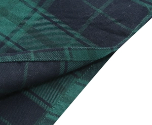 Detail shot of green and blue plaid fabric showing high-quality stitching and textile texture