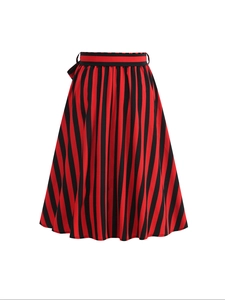 Classic red and black vertical striped A-line midi skirt with bow tie elastic waist
