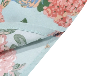 Macro shot of light blue floral print fabric showing fine sewing stitches and texture