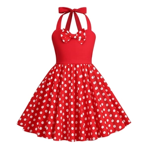 Abito vintage da bambina con scollo all'americana a pois rossi e bianchi e fiocco