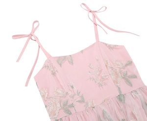 Detailed view of pink floral embroidery and mesh tulle fabric on a girls' party dress