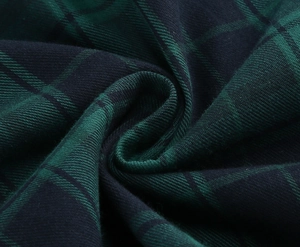 Macro detail of dark green plaid fabric showing twill weave structure and soft texture