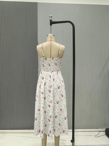 Close-up of the smocked elastic back and adjustable straps on white floral maxi dress