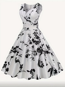 Detail of vintage floral A-line dress featuring a classic V-neck and black botanical print