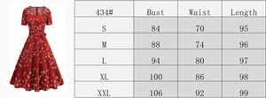 Detailed size guide table for the vintage French red floral waist tie dress with square neck