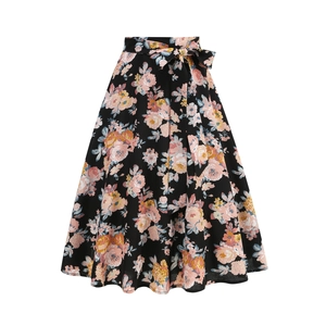 Floral A-line high waist midi skirt with black base and pink flowers plus waist tie