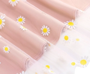 Detail of pink floral fabric layered with daisy print mesh for summer midi skirts