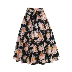 High-waist A-line floral midi skirt in black chiffon with a tie-waist bow for summer