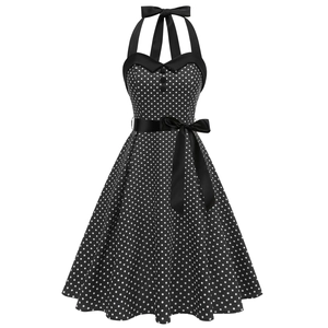 Robe vintage à pois style Audrey Hepburn années 50 avec licou et large jupe évasée trapèze