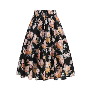 Detail of high waist elastic band on floral A-line skirt with colorful flower prints