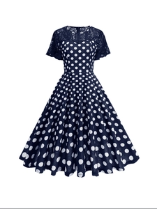 Women's Vintage Polka Dot Lace Patchwork Dress Elegant Short Sleeve 1950s Hepburn Style Swing A-Line Midi Party Dress