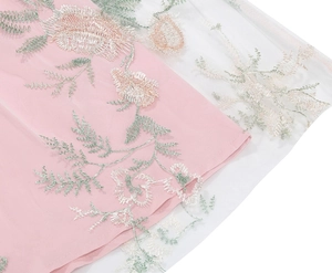 Detail showing delicate floral embroidery on pink fabric with white mesh overlay layer