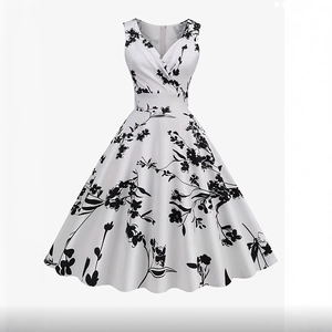 Women's Retro Audrey Hepburn Floral Sleeveless V-Neck A-Line Midi Dress Elegant Vintage Party Cocktail Swing Dress