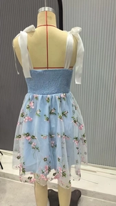 Detailed back view of an elegant light blue mesh dress with pink floral embroidery