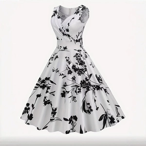Vintage sleeveless floral print V-neck A-line dress with retro 1950s flared skirt design