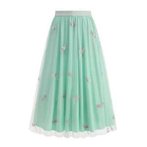 Women High Waist A-Line Mesh Midi Skirt With Flamingo Embroidery Sweet Layered Tulle Skirt For Vacation Party Daily Wear