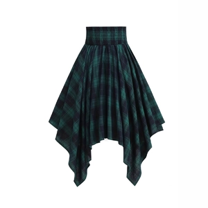 Gothic green tartan plaid irregular skirt with smocked elastic high waist for women