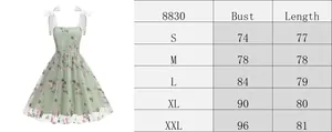 Detailed size chart for the embroidered tulle sleeveless dress showing S to XXL dimensions