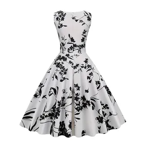 Back view of a sleeveless floral A-line dress with ink flower print and hidden zipper