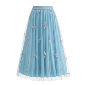 High waist light blue tulle midi skirt featuring delicate pink flamingo embroidery