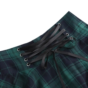Gothic green plaid skirt featuring classic tartan pattern and lace-up drawstring details