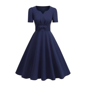 Navy blue V-neck short sleeve dress with bow belt and pleated bodice detail on white background