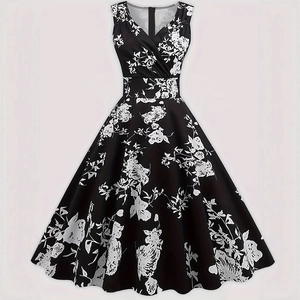 Retro V-neck sleeveless floral dress with elegant black and white A-line flared skirt