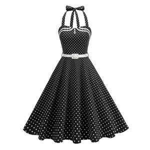 Vintage retro red polka dot halter neck A-line cotton midi dress with white waist belt