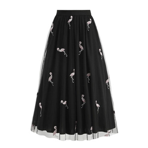 Elegant high waist black mesh midi skirt with detailed pink flamingo embroidery patterns