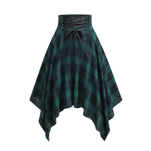Gothic high waist plaid skirt with corset lacing and asymmetrical handkerchief hem