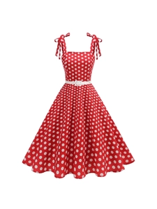 Robe Midi à Pois Rétro pour Femmes Style Hepburn Col Carré Nœud Papillon Épaule Dos Smoké Taille Haute Robe Évasée avec Ceinture