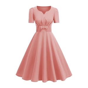 Vintage pink V-neck short sleeve A-line dress with bow waist and pleated Hepburn style