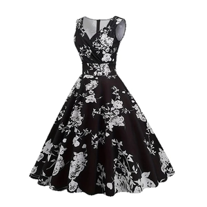 Vintage floral V-neck sleeveless A-line dress with white flower print on black background
