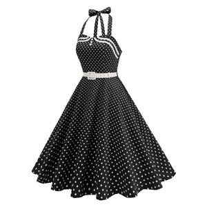 Detail of the vintage halter neck polka dot dress with white belt and decorative buttons