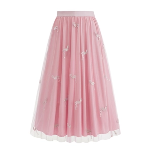 Pink high waist tulle midi skirt with elegant flamingo embroidery for women