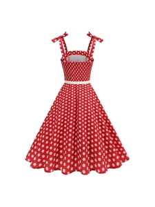 Robe rouge rétro à pois sans manches avec fines bretelles et jupe ample évasée