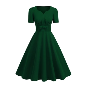 Elegant dark green vintage V-neck short sleeve A-line midi dress with waist bow