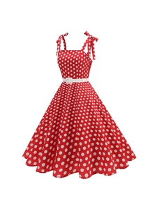 Robe vintage rouge à pois style Hepburn avec nœuds d'épaules et ceinture