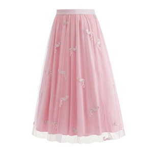 Pink high waist mesh skirt featuring elegant flamingo embroidery and elastic waistband