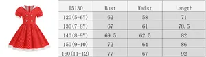 Size chart detail for girls' red polka dot French dress showing measurements and age groups