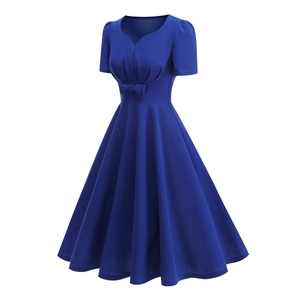 Detail of royal blue V-neck dress featuring waist bow and elegant pleated bodice details