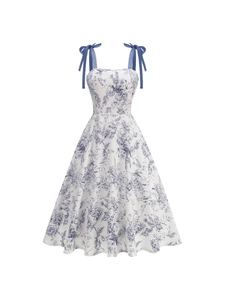 Abito Maxi Floreale Francese Vintage Con Spalline a Fiocco Taglio ad A Schiena a Punto Smock Stile Hepburn Abito Estivo Vacanza
