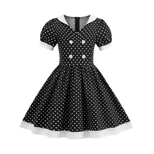 Vintage Girls Polka Dot A-Line Dress Puff Sleeve Peter Pan Collar Retro Hepburn Style Summer Dress For Kids